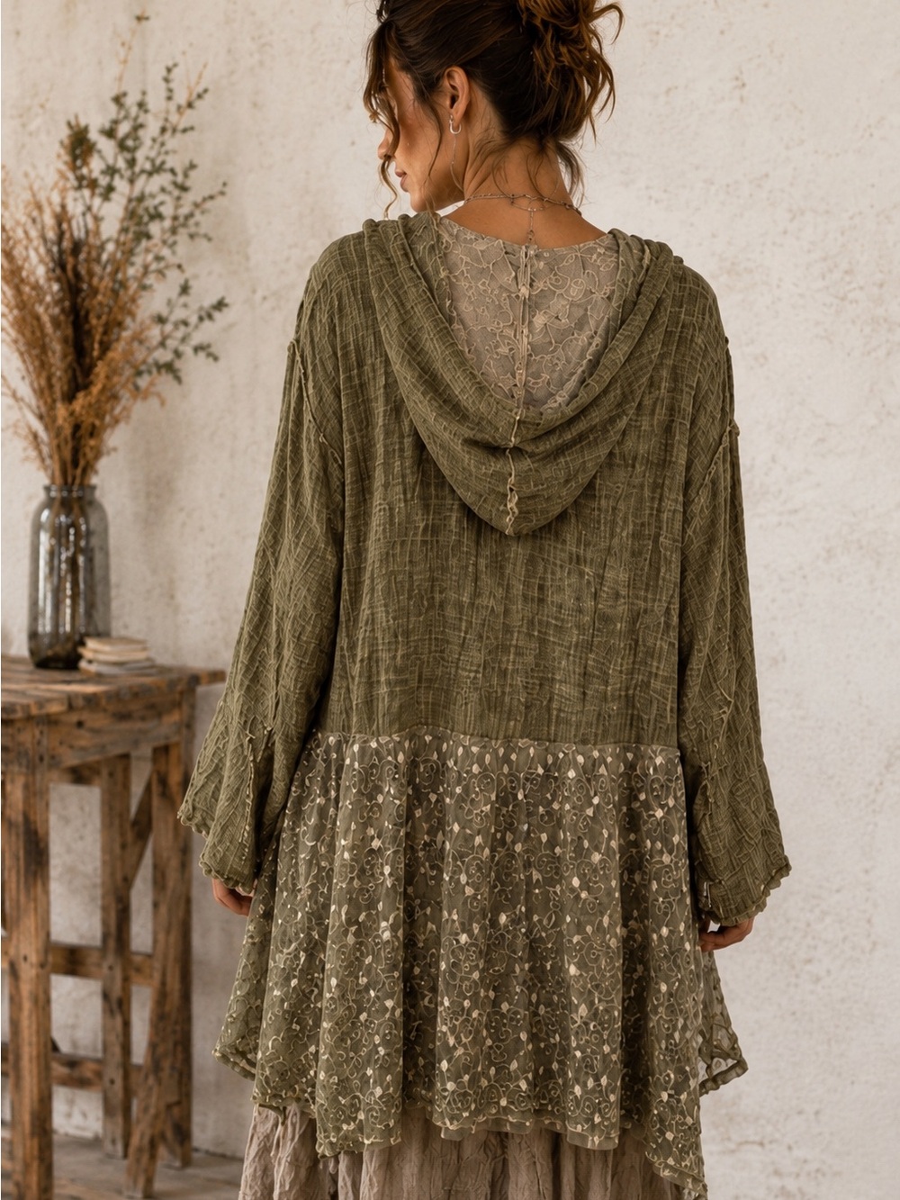 Jaded Gypsy Elysia Womens Ruffle Button-up Hooded Light Jacket / Tunic or Duster